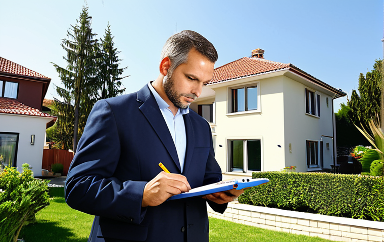 Evaluating a Property**

"A professional real estate appraiser, fully clothed in modest professional attire, inspecting a modern villa in a sunny neighborhood. The appraiser is holding a clipboard and taking notes, focusing on the building's exterior. In the background are well-maintained gardens and other houses. Safe for work, appropriate content, perfect anatomy, correct proportions, natural pose, professional photography, high quality."

**