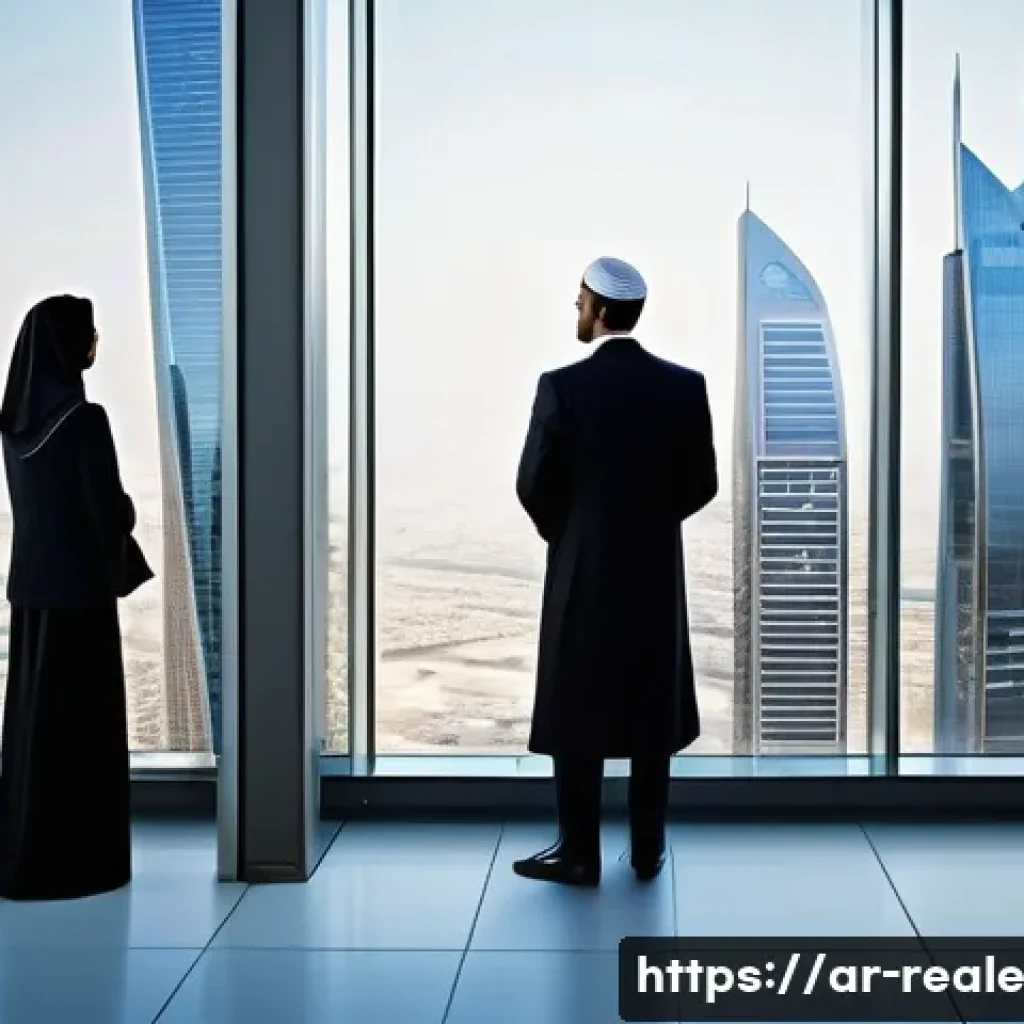 부동산 투자와 경제 지표의 연관성 - "A dynamic, high-angle view of a modern Arabian financial district at peak activity. The scene featu...