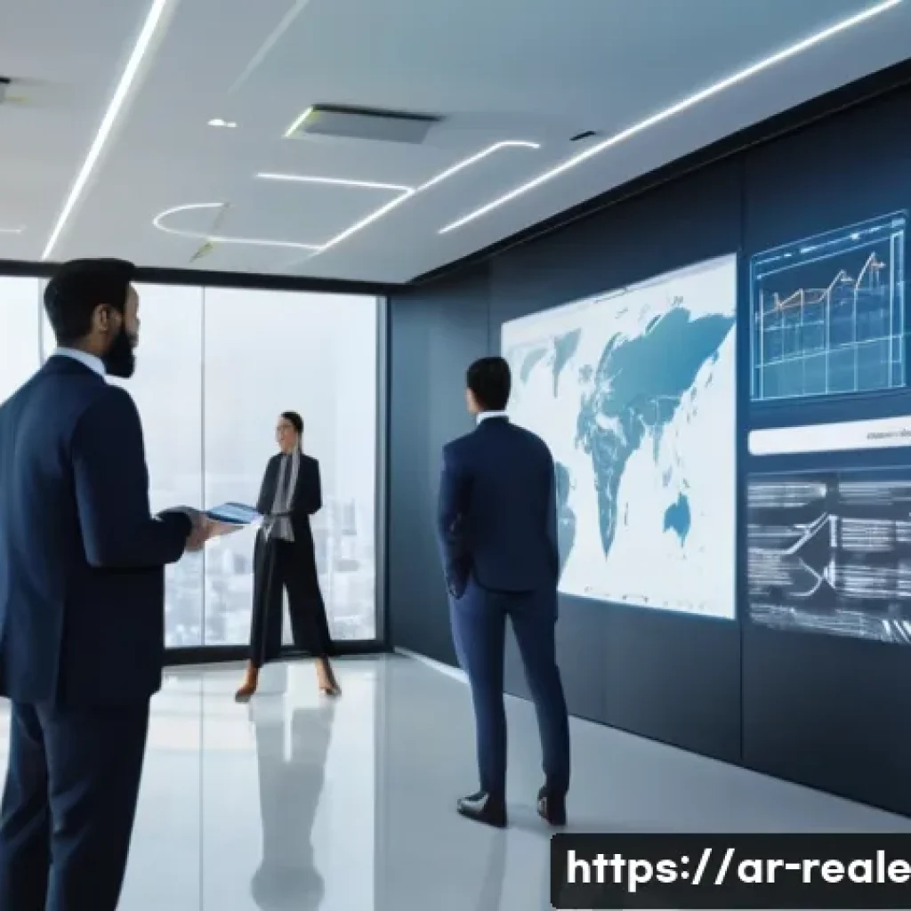 부동산 투자 전략의 진화 과정 - A modern Middle Eastern real estate office interior showcasing advanced digital technology in use: l...