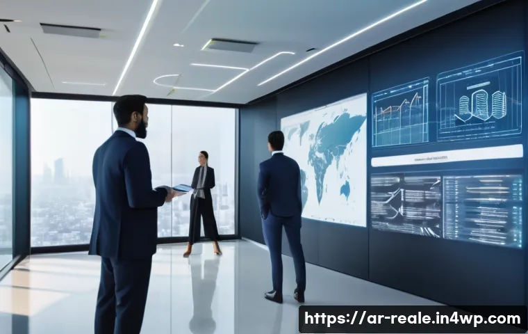 부동산 투자 전략의 진화 과정 - A modern Middle Eastern real estate office interior showcasing advanced digital technology in use: l...