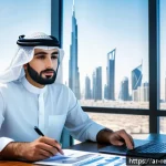 Home 23 부동산 투자 성과를 위한 KPI 설정 - A modern Middle Eastern real estate investor sitting at a sleek desk in a bright office with Arabic ...