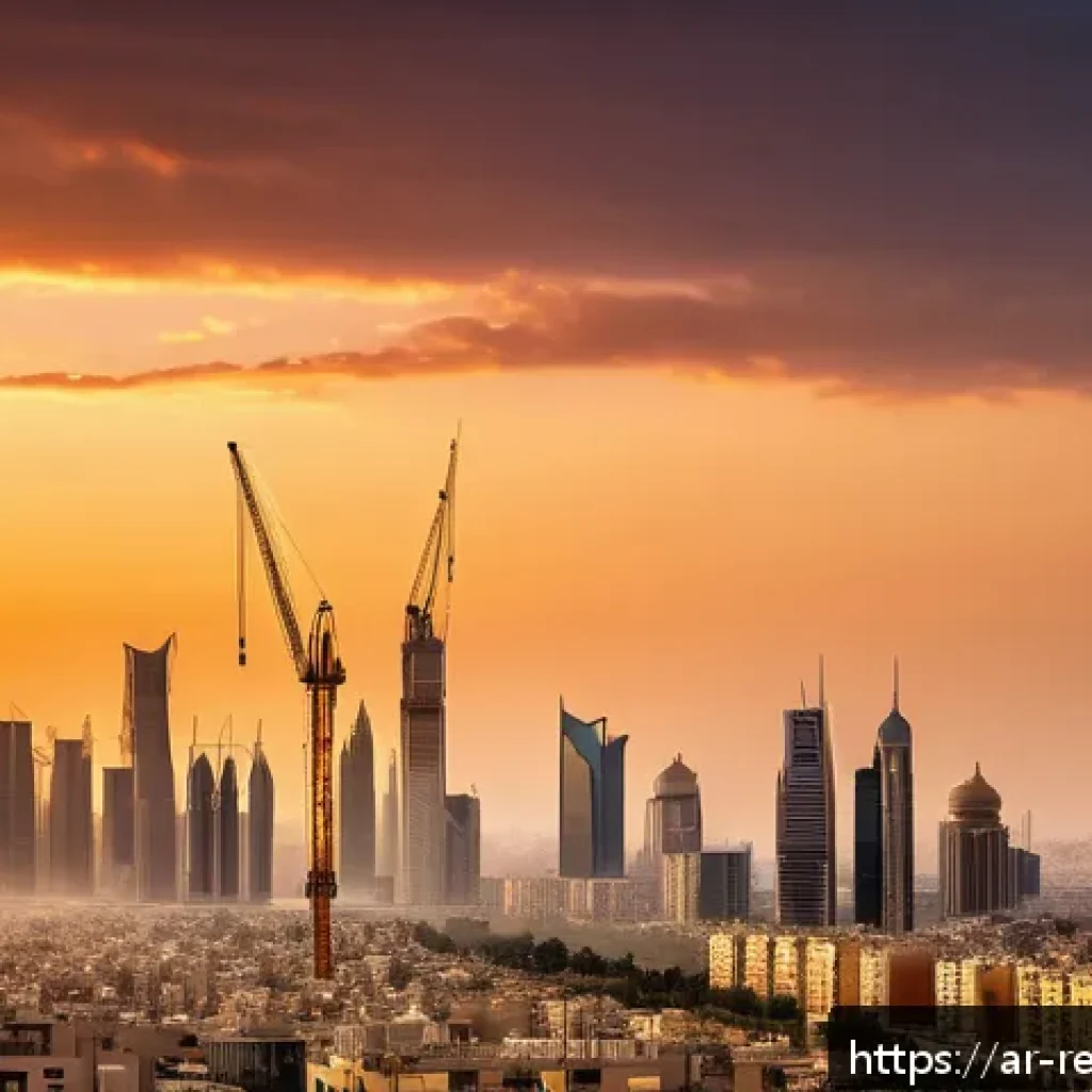 부동산 투자와 시장의 비효율성 - A modern Middle Eastern urban real estate market scene at sunset, showing a bustling city skyline wi...