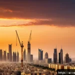 부동산 투자와 시장의 비효율성 - A modern Middle Eastern urban real estate market scene at sunset, showing a bustling city skyline wi...