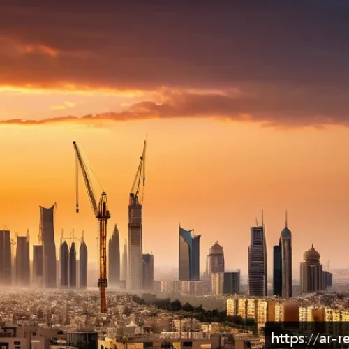 부동산 투자와 시장의 비효율성 - A modern Middle Eastern urban real estate market scene at sunset, showing a bustling city skyline wi...