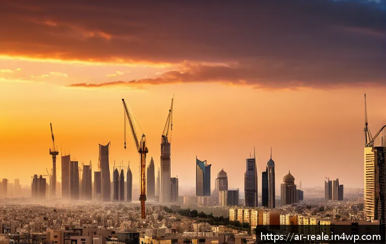 부동산 투자와 시장의 비효율성 - A modern Middle Eastern urban real estate market scene at sunset, showing a bustling city skyline wi...