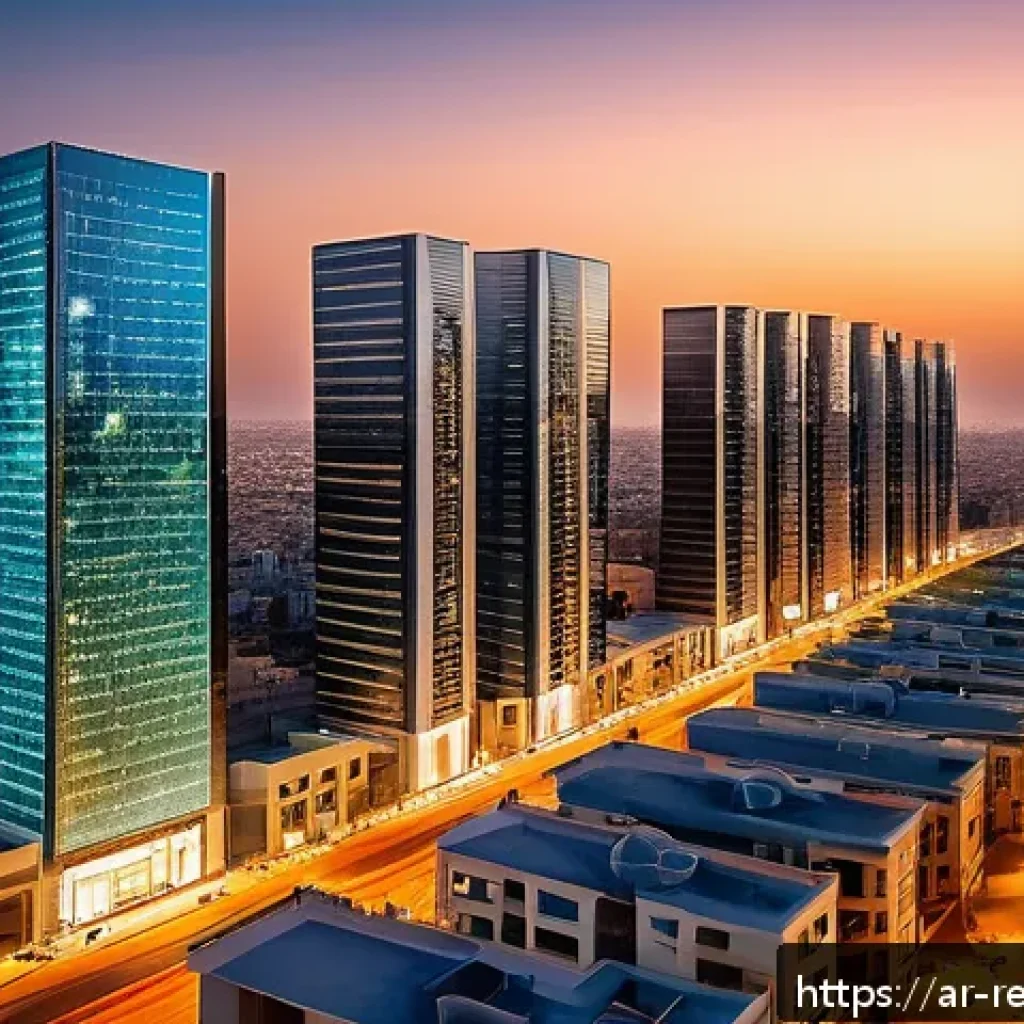 부동산 시장의 경쟁 구조 분석 - A modern Middle Eastern urban real estate market scene during sunset, featuring diverse residential ...
