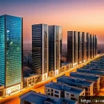 부동산 시장의 경쟁 구조 분석 - A modern Middle Eastern urban real estate market scene during sunset, featuring diverse residential ...