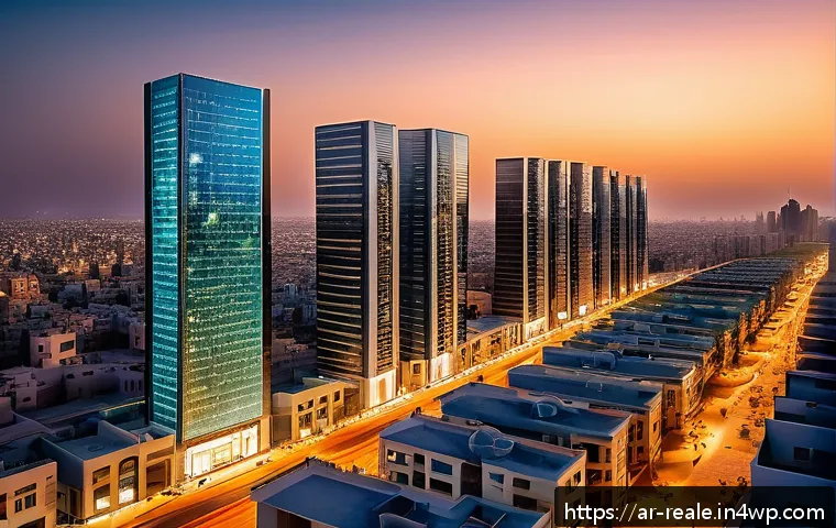 부동산 시장의 경쟁 구조 분석 - A modern Middle Eastern urban real estate market scene during sunset, featuring diverse residential ...