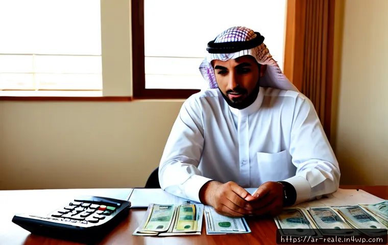 부동산 투자 시 직면하는 장애물 - Photorealistic real estate investment financing challenge, an Arab man in modest Gulf business attir...